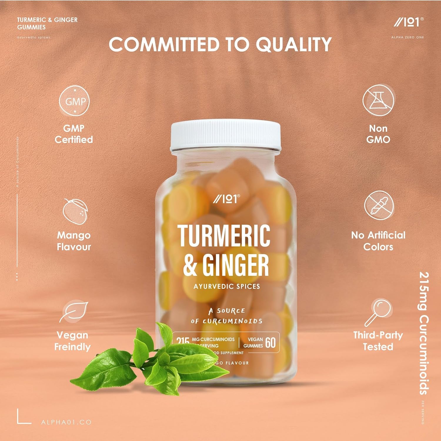 Turmeric Gummies with Ginger – 95% Curcuminoids – High Strength Curcumin Supplement – 60 Vegan Gummies – Natural Mango Flavour - Tablet Alternative by Alpha01