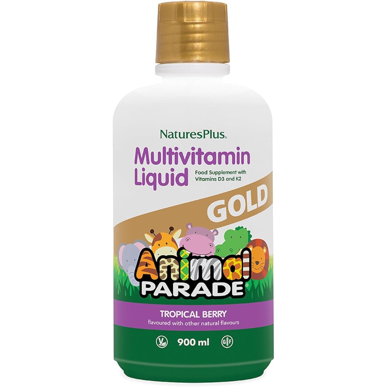Naturesplus Animal Parade Gold Liquid Multivitamin - Food Extracted Vitamins and Superfoods for Kids - Natural Tropical Berry Flavour - Immune Support - Gluten Free, Vegetarian - 900Ml