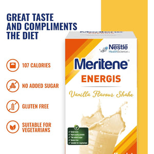 Meritene Energis Vanilla Protein Shake | 30G Powder Sachets, Pack of 15 | Nutritional Support Mix with Proteins and Minerals | with Vitamin D, B & K