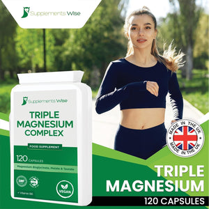 Triple Magnesium Complex - 3 in 1 Blend - Bisglycinate, Malate and Taurate with Vitamin B6 - Magnesium Complex Supplements Suitable for Women and Men - 120 High Strength Capsules