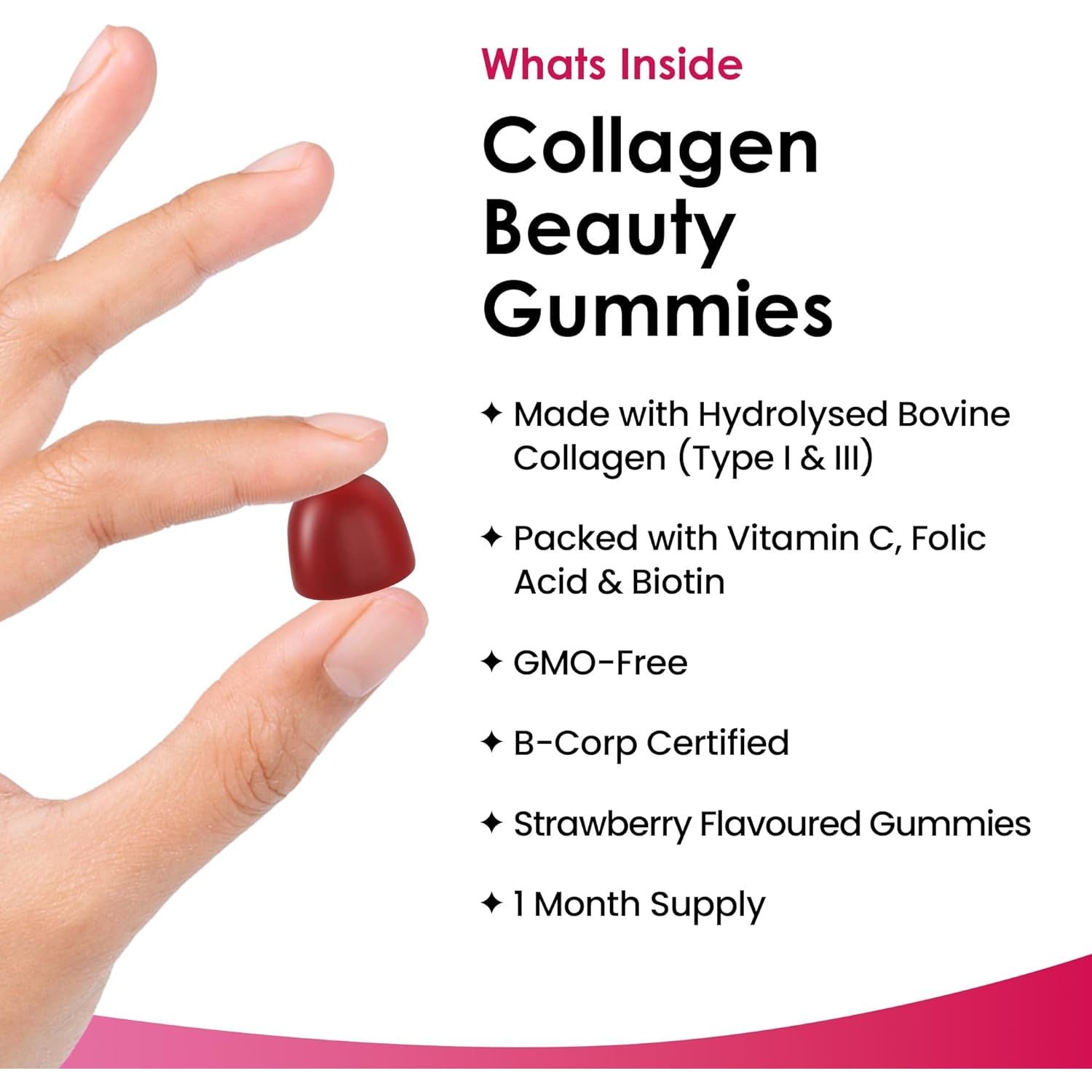 Collagen Gummies - High Strength Type L Bovine Collagan Beauty Supplement - Advanced Superior Type 1 Hydrolysed Collagen Peptides - Added Biotin, Vitamin C & Folic - 60 Gummies