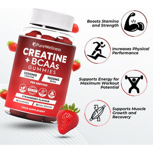 Purewellness Creatine and BCAA Gummies - 5000Mg Creatine Monohydrate, 1000Mg Bcaas per Serving - Chewable Vegan Sugar Free Gummies, Strawberry Flavour (1 Month Supply)