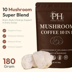 Purest Health Mushroom Coffee - 10 Mushroom in 1 Advanced Blend - Premium Arabica Coffee with Lions Mane, Maca and Ashwagandha - Vegan & Non-Gmo, 180G, 36 Servings