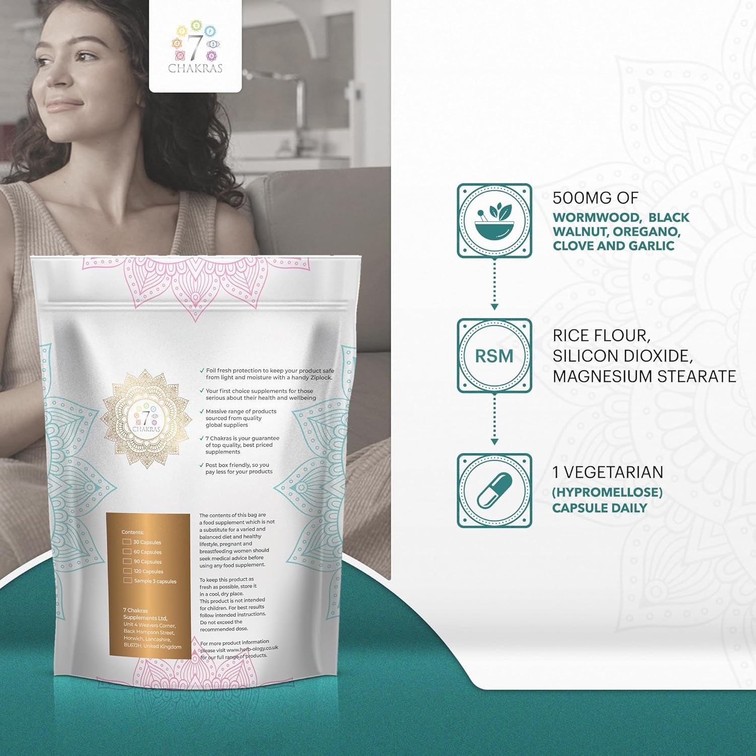 7C Wormwood Parasite Capsules | 60 Wormwood Black Walnut Capsules - 500Mg Worm Wood Herb & 500Mg Black Walnut per Serving with Oregano, Clove & Garlic | Non-Gmo & Gluten Free | Made in the UK