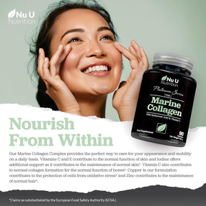 Marine Collagen with Hyaluronic Acid, Vitamin C - 90 Hydrolyzed Capsules (Not Tablets) - Premium High Strength Collagen Supplements for Women & Men - Type 1 Marine Collagen - Nu U Nutrition