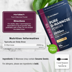 D Mannose Pure Powder 50G | 2000Mg | Unflavoured | Natural & Filler Free | Vegetarian & Vegan Friendly | High Strength Food Supplement | by Horbaach