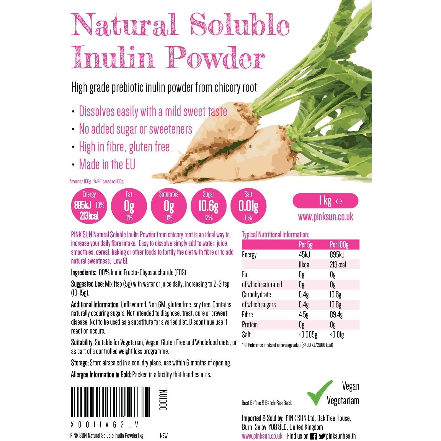 PINK SUN Inulin Powder 1Kg (Or 2Kg 3Kg 5Kg) High Fibre Sugar Free Pure from Chicory Root High Grade Prebiotic Unflavoured Gluten Free Vegetarian Vegan 1000G Bulk