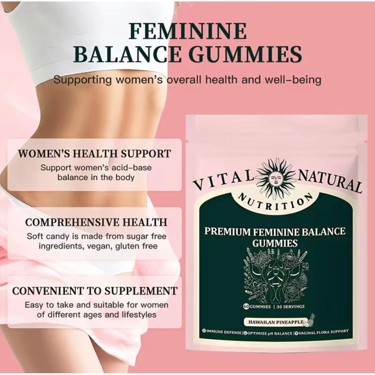 OPTISTRENGTH Balance Vaginal Probiotics Gummies for Women - Ph Balance with Prebiotic & Lactobacillus Probiotic Blend, Promote Healthy Odor & Flora | 60 Count Probiotic for Women Pineapple Flavour