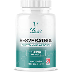 Vinco Resveratrol 1000Mg, 60 Capsules - 100% Pure Trans-Resveratrol Supplement for Cellular Health and Cardiovascular Wellness - Non-Gmo & Gluten Free - Made in the UK