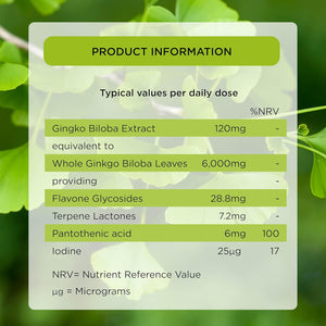 Healthspan Ginkgo Biloba 6,000Mg | High Strength | 180 Tablets | Iodine | Vitamin B5 | Flavone Glycosides | Vegan