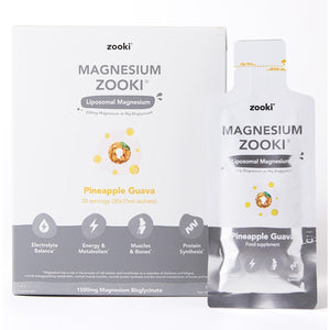 Zooki 1500Mg Liposomal Magnesium Bis-Glycinate Liquid Sachets, 200Mg Elemental Magnesium | 4X Higher Absorption | Sleep, Stress, Muscle Function, Cramps, Heart Health (Pineapple Guava Flavour 30X15Ml)