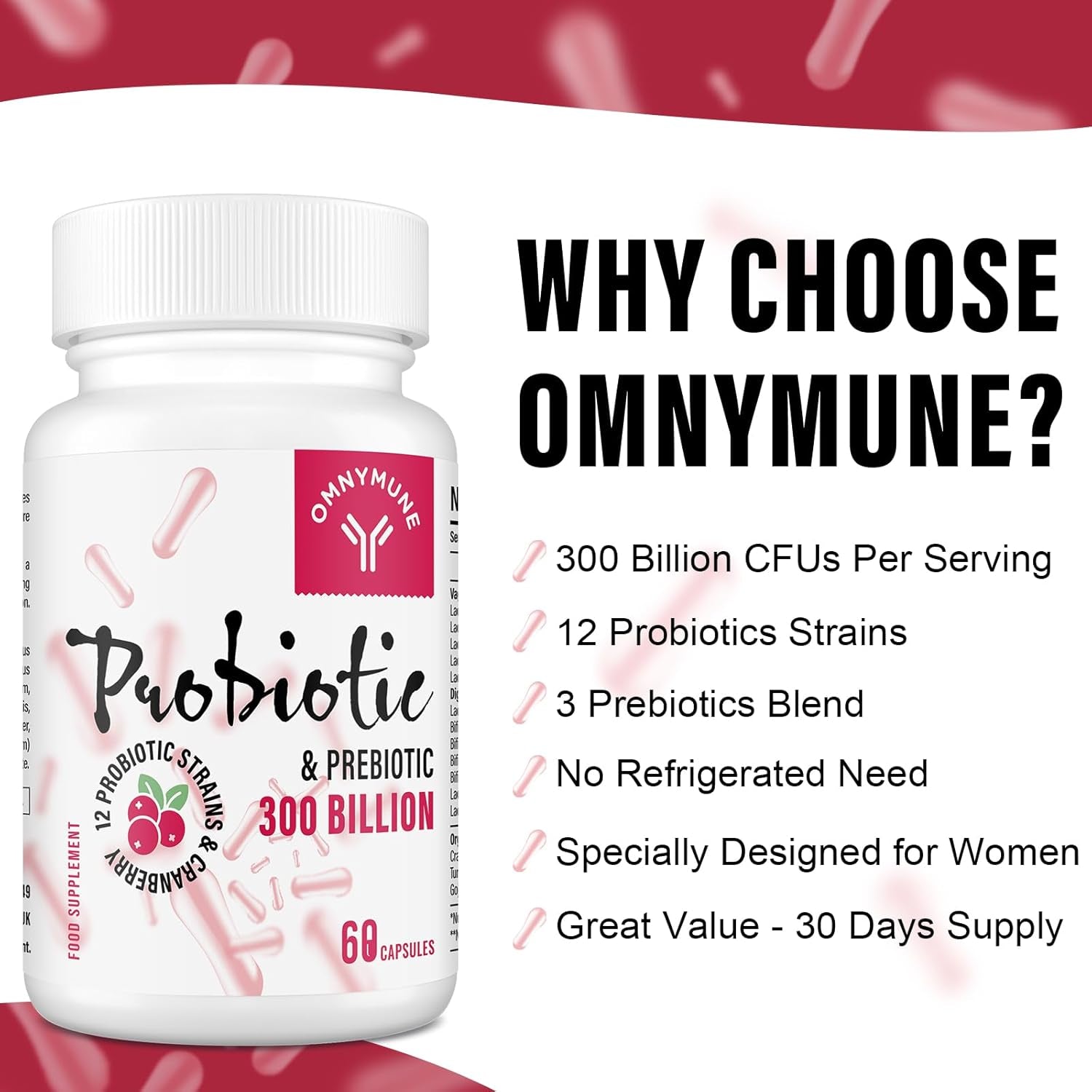 Probiotics for Women 300 Billion CFU, 12 Strains + Prebiotics, Digestive & Vaginal Health, 60 Capsules