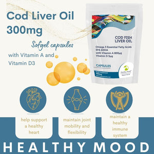 Cod Liver Oil 300Mg High Strength Cod Capsules: Vitamin A, D3, Omega 3 EPA DHA Fish Oil - Uk-Made Health Supplements