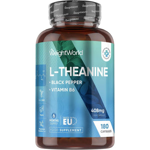 Weightworld L-Theanine Supplement | 408Mg Vegan Capsules | 6 Months Supply | with Added Vitamin B6 (0.5Mg) & Black Pepper Extract (8Mg) | 1 Capsule a Day | Non-Gmo & Gluten-Free