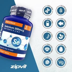 Zipvit Selenium 200Mcg with Vitamins A, C, E. 180 Vegan Tablets. Supports Normal Thyroid, Skin, Hair & Nails, Immune System, and Antioxidant Protection. 6 Month Supply.