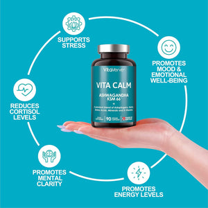 Vita Calm All-In-One Stress Relief with Ashwagandha KSM 66 12000Mg (High Strength 12 to 1 Extract), Passion Flower, Lemon Balm, Bacopa, L- Theanine, Magnesium, B Complex, Folate & Zinc