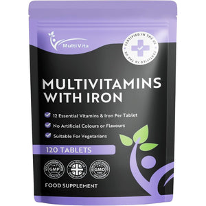 Multivita Multivitamins with Iron – 12 Essential Vitamins & Iron – Immune, Energy & Skin Support – 1-A-Day for Men & Women – 120 Tablets – 4 Month Supply – Vegetarian – Made in UK