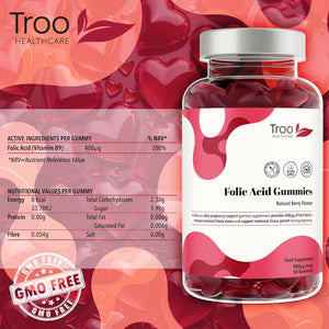 Troo Health Care Folic Acid 400Μg Gummy Prenatal Supplement - 60 Natural Berry Flavour Gummies to Support Health Pregnancy & Foetus Development - No Common Allergens or GMO