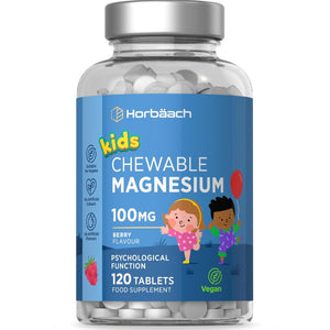 Kids Magnesium Chewable Tablets 100Mg | Berry Flavour | 120 Count | Magnesium Citrate Tablets for Children Aged 4+ (Not Gummies) | Vegan | No Artificial Preservatives | by Horbaach