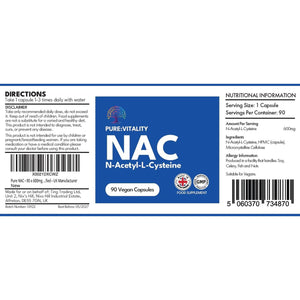 Pure Vitality: NAC Supplement 600Mg X 90 Capsules, Pure NAC Acetylcysteine for Glutathione, Detox, Post Workout Supplements for Men & Women, N-Acetylcysteine (L Cysteine) - GMP & HACCP Certified - UK