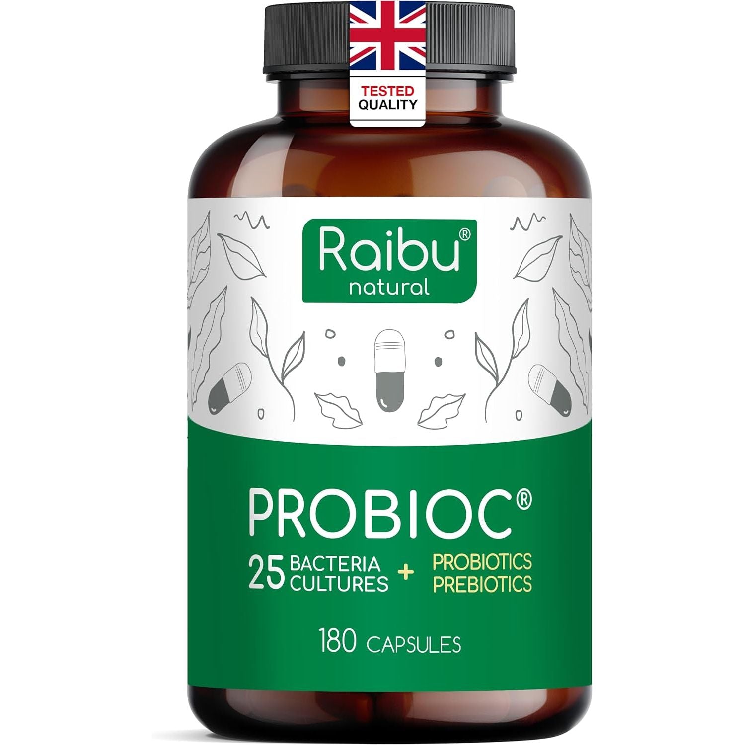 Raibu Probiotics for Gut Health - Probiotics & Prebiotics - 25 Bacterial Cultures - 180 Enteric Coated Capsules - 60 Billion CFU - Lactobacillus Acidophilus & Bifidobacterium - No Additives & Vegan