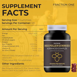 Fraction One Bee Pollen Gummies – 120 Gummies - 2000 Mg Bee Propolis with 100% NRV Vitamin D and Zinc per Serving – Vegan, Immune Boost, Anti-Inflammatory, Antiviral and Antibacterial –120 Days Supply