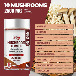 Mushroom Complex Gummies 2500Mg - 8 Brain Health Mushrooms Gummies with Ashwagandha Supplement Promotes Calm Focus Memory Mood Immunity & Energy - 60 Count (Halal, Gluten-Free, Vegan) (1)
