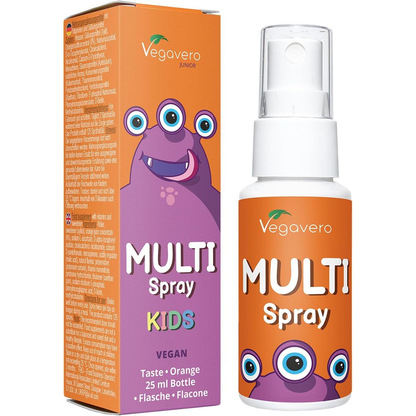 Vegavero Multivitamin for Kids Spray | No Added Sugar | NO Additives | Natural Orange Flavour | with Vitamin C, D3, E, K2 & All B Vitamins | 125 Sprays | Vegan