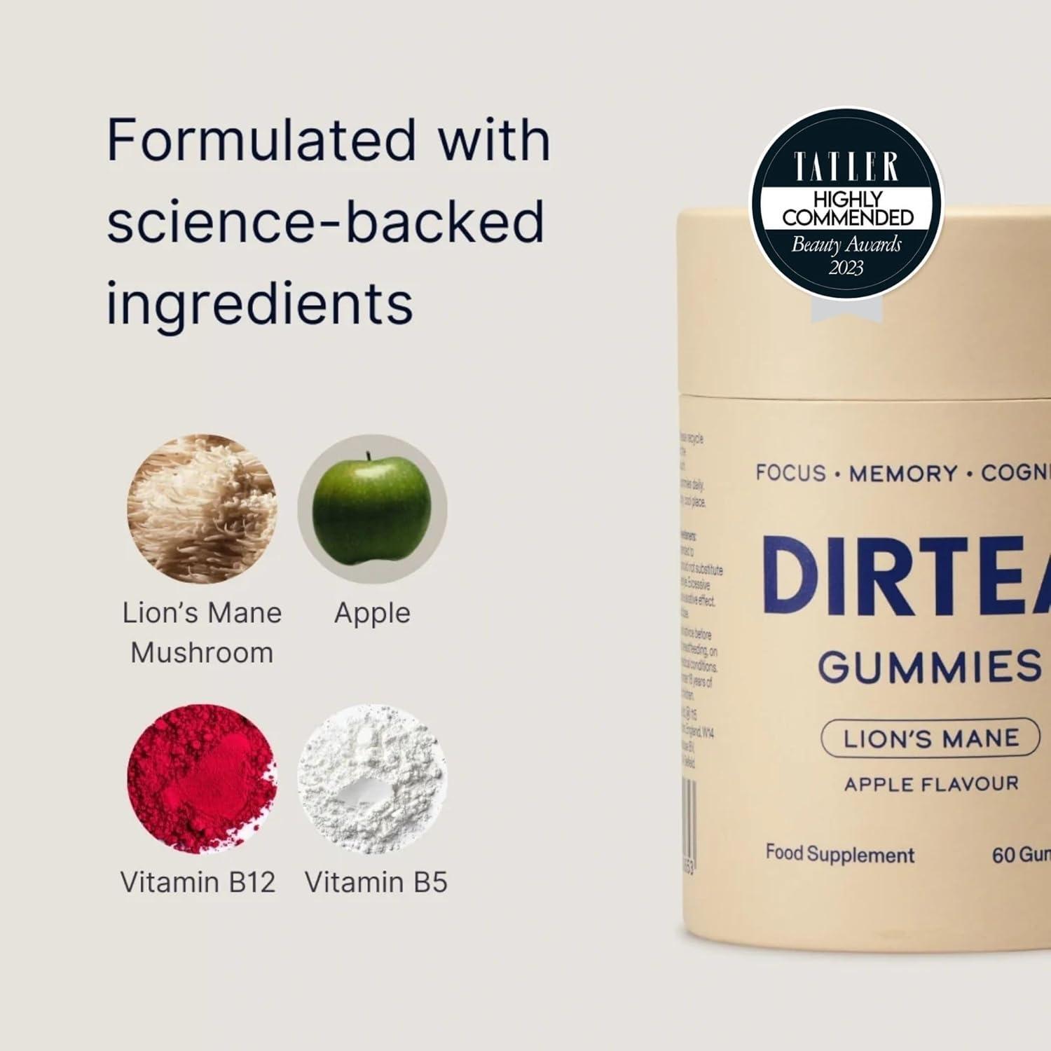 DIRTEA Lion'S Mane Mushroom Gummies - Vegan, Natural & Sugar Free with Vitamin B12 & B5  60 Gummies