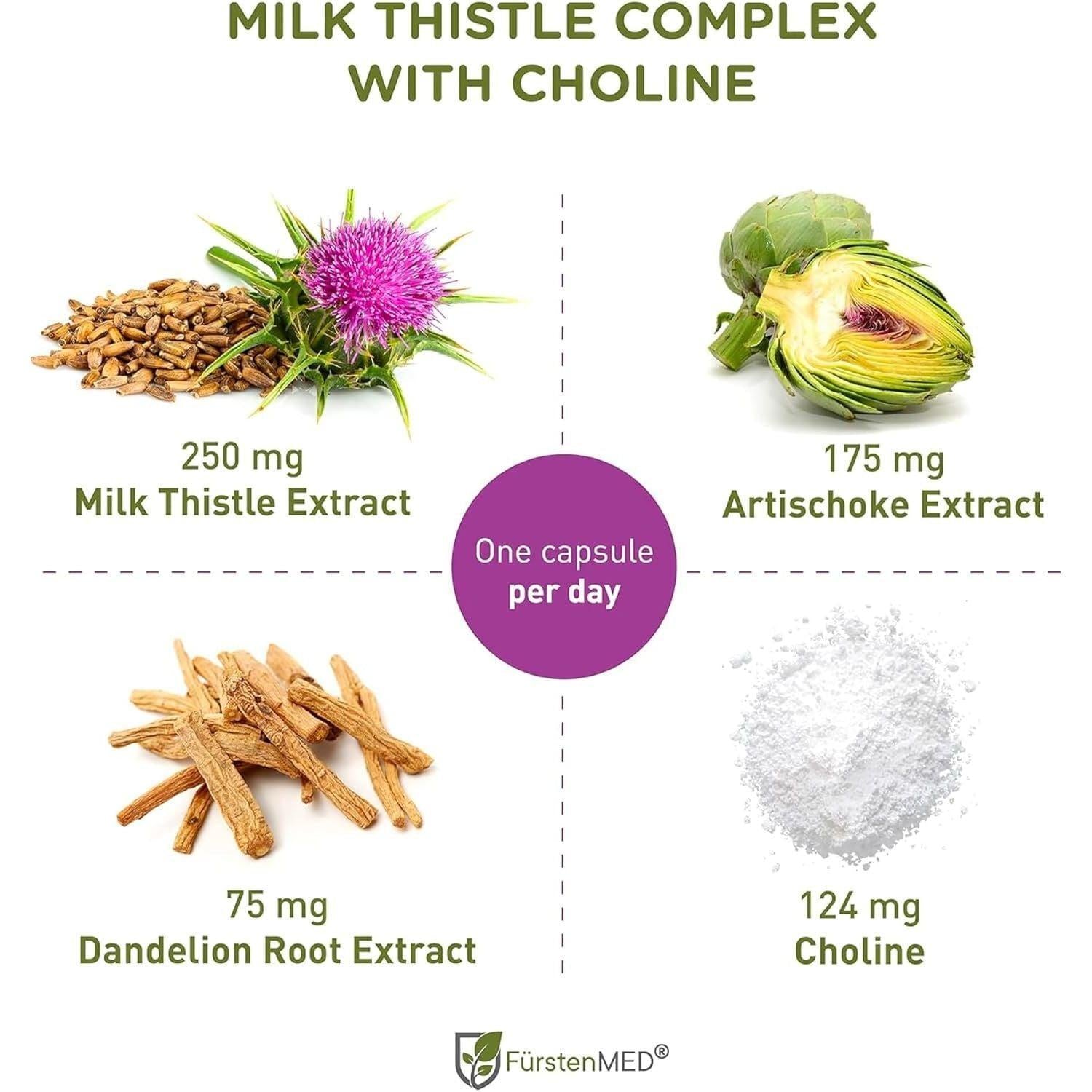 Fürstenmed - Milk Thistle with Artichoke Extract, Dandelion Root & Choline - Vegan Liver Support - 120  Capsules