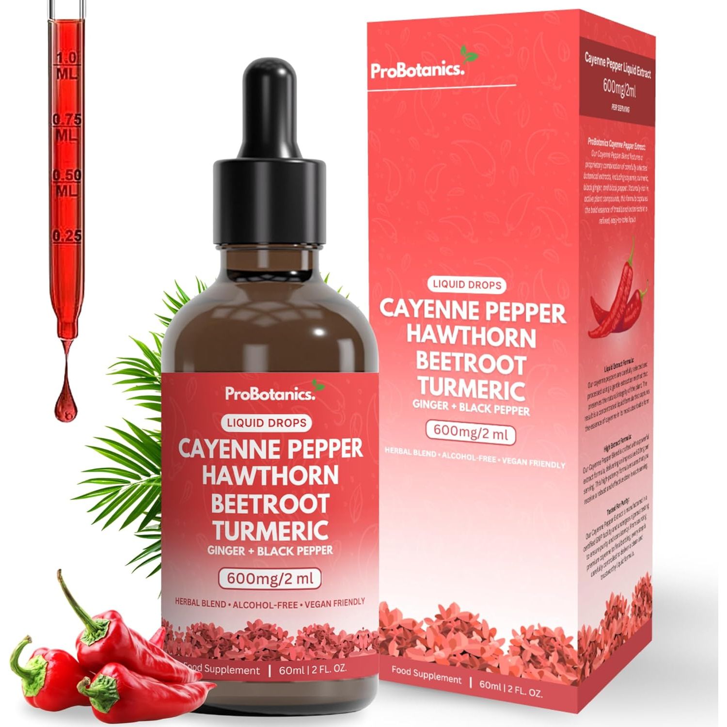 Probotanics Cayenne Pepper Drops Liquid Extract Supplement | Hawthorn Berry, Turmeric Curcumin, Beet Root, Ginger, Black Pepper for Circulation, Energy and Digestive Health | Alcohol-Free - 60Ml