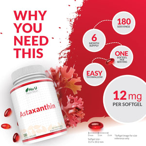 Astaxanthin 12Mg - 180 High Strength Softgel Capsules - 6 Month Supply - Powerful Antioxidant Supplement - Astaxanthin from Haemotococcus Pluvialis Algae - Made in the UK - Nu U Nutrition