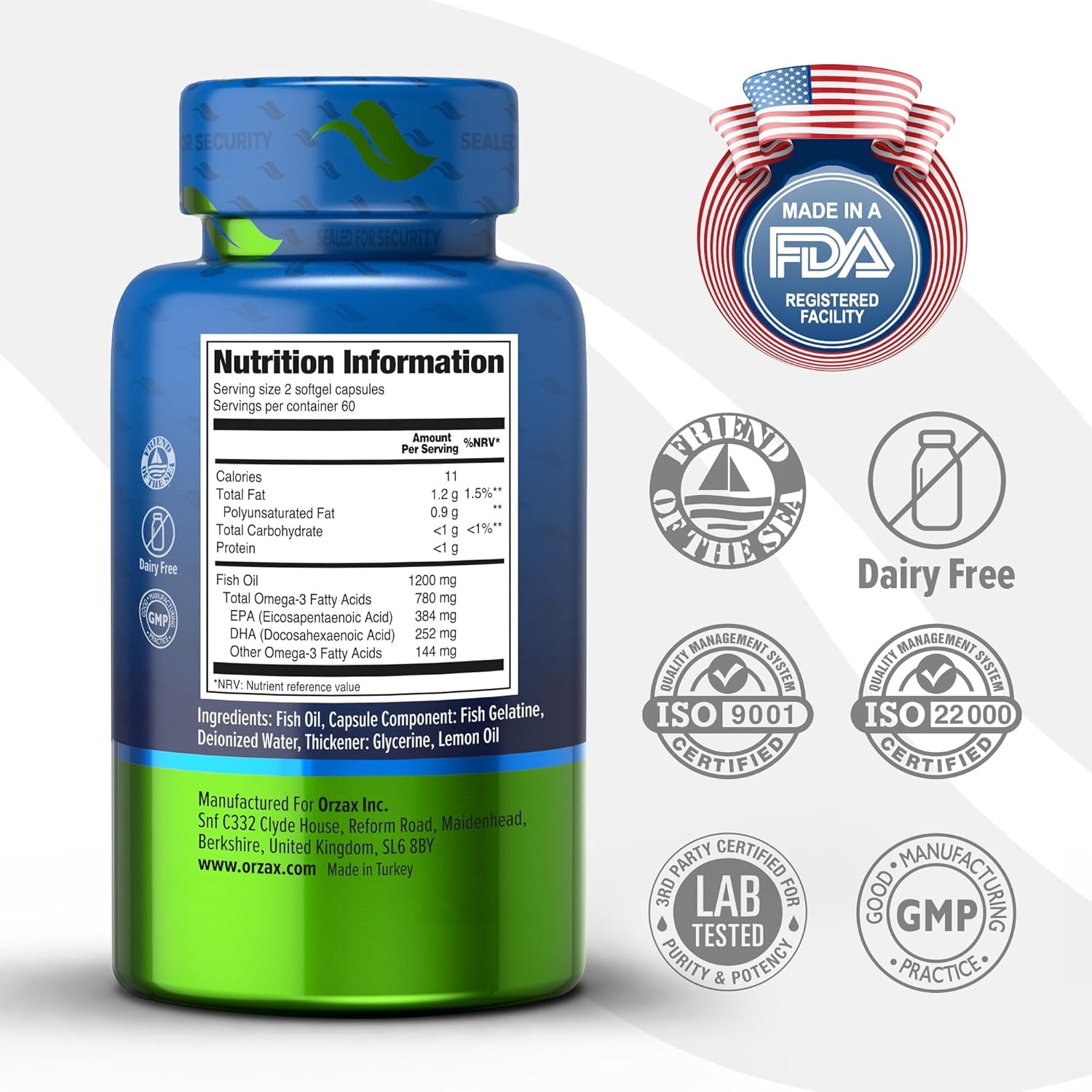 Orzax Fish Oil 1200 Mg, EPA&DHA, Triglyceride Form Burpless Omega 3, Lemon Flavor, Supports Heart, Brain, Eyes, and Joints, 120 Softgels,60 Day Supply