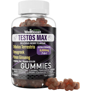 Wellboost Testos MAX Strength Gummies - 6000Mg 7-In-1 Tribulus, Fenugreek, Ginseng, L-Arginine, Zinc, Vitamin D3 & B6