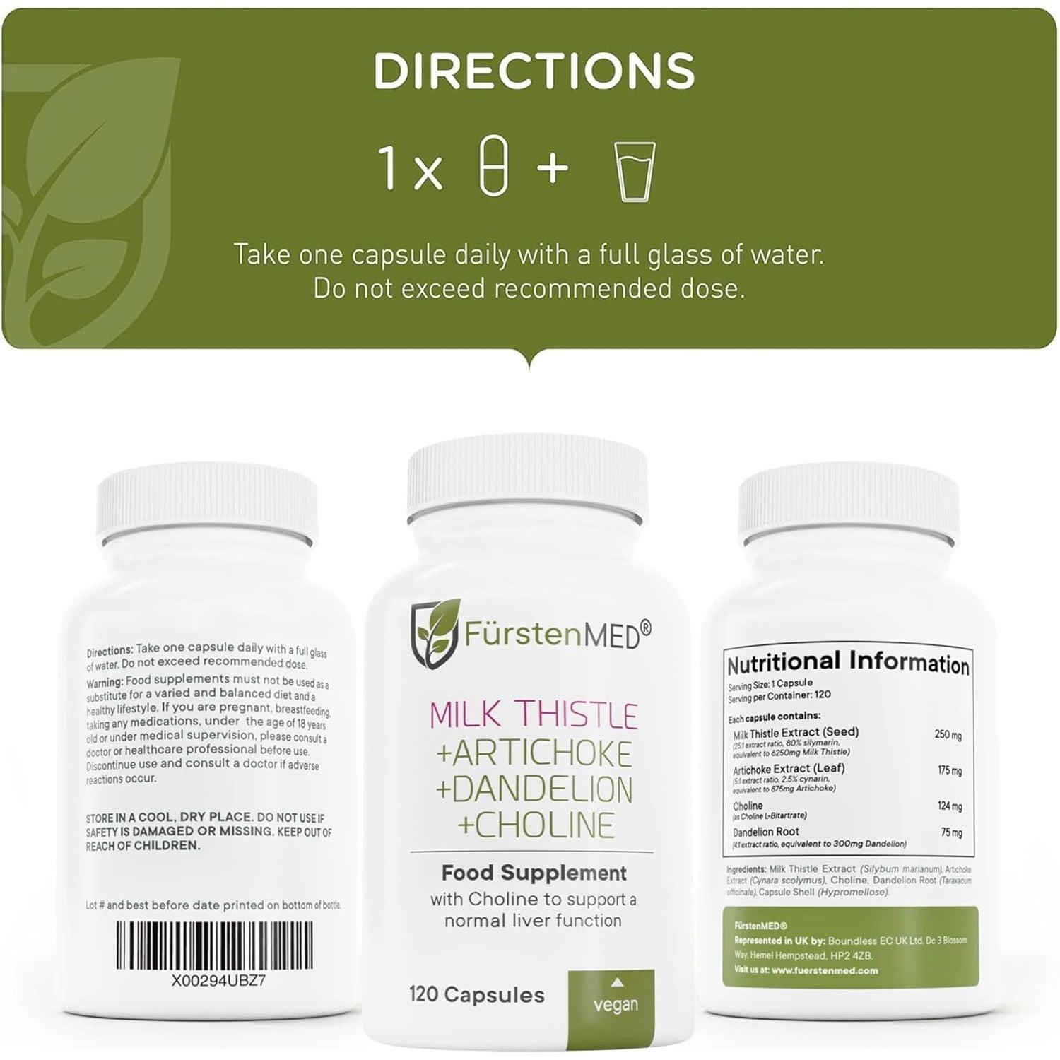 Fürstenmed - Milk Thistle with Artichoke Extract, Dandelion Root & Choline - Vegan Liver Support - 120  Capsules