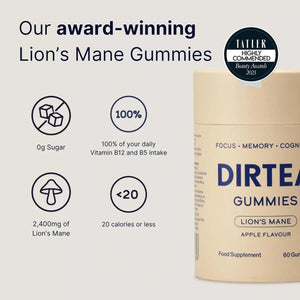 DIRTEA Lion's Mane Mushroom Gummies Support Focus and Brain Wellness Vegan Sugar-Free 60 Gummies.