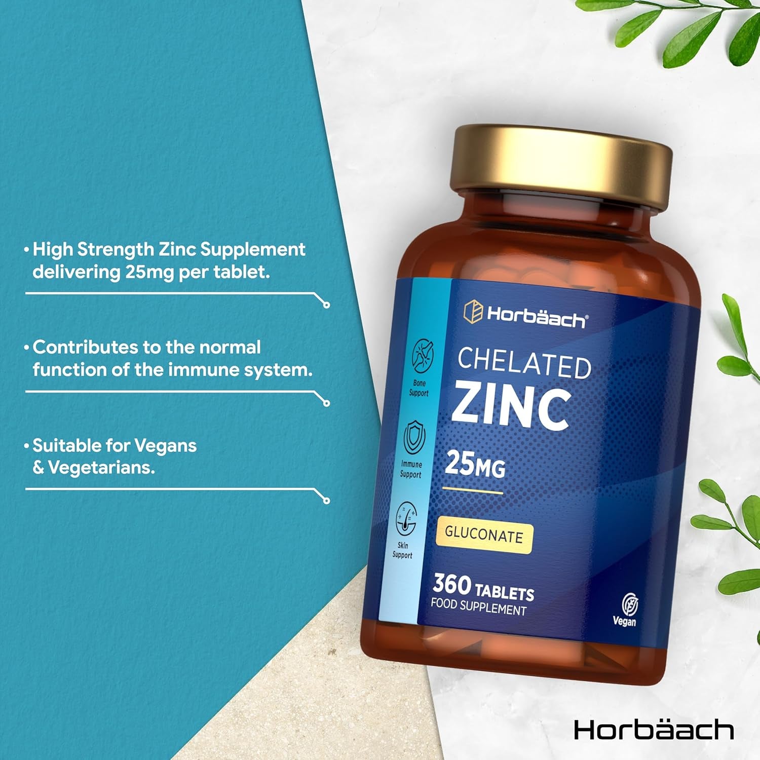 Zinc Tablets 25Mg | (1 Year Supply) High Absorption Chelated Zinc | Immunity Support Supplements | 360 Vegan Tablets | by Horbaach