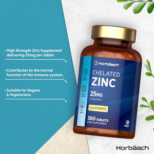 Zinc Tablets 25Mg | (1 Year Supply) High Absorption Chelated Zinc | Immunity Support Supplements | 360 Vegan Tablets | by Horbaach
