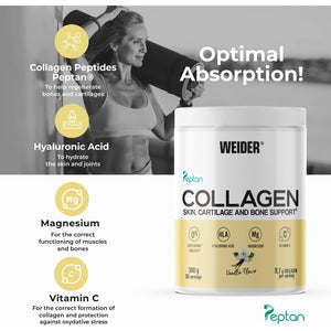 Weider Collagen (300G) Vanilla Flavour. Hydrolysed Collagen Peptides Powder Type I 100% Peptan with Hyaluronic Acid, Magnesium, Vitamin C, Sugar-Free, for Skin, Cartilage, Bones and Hair