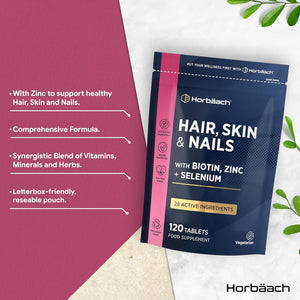 Hair Skin and Nails Vitamins | Biotin Hair Growth | with Biotin, Zinc and Selenium | Beauty Supplement for Women and Men | 120 Vegetarian Tablets | by Horbaach
