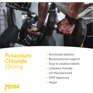 Potassium Supplement 200Mg 120 Tablets | Contributes to Normal Blood Pressure, Muscle Function and Nervous System Function | Electrolyte Regulation | Potassium Chloride | Vegan | UK Made MOBU