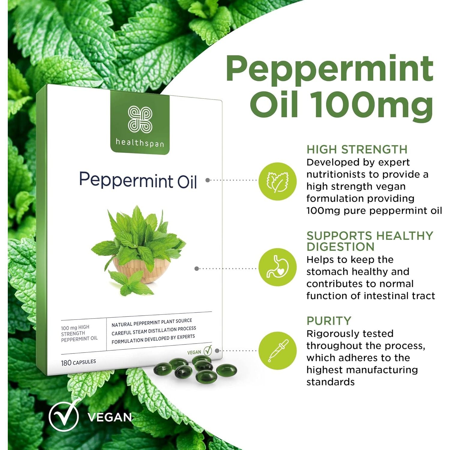Healthspan High Strength Peppermint Oil 100Mg (180 Capsules) | Helps to Support a Healthy Digestion | One-A-Day & Easy to Swallow Capsule | Vegan