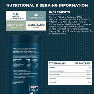 Kinetica Sports Collagen Powder - Berry Flavour | 350G | 5G FORTIGEL Bovine Collagen/Serve, 320Mg Vitamin C, 5Μg Vitamin D, 100Mg Hyaluronic Acid & 500Mg Glucosamine Sulphate | Joint & Muscle Support