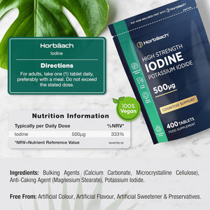 Iodine Supplement 500Mcg | 400 Vegan Tablets (1+ Year Supply) | High Strength Potassium Iodide | by Horbaach