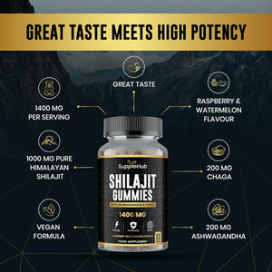 Shilajit Gummies 1400Mg, Pure Himalayan Shilajit Gummies with Ashwagandha and Chaga, Rich in Fulvic Acid, Natural Energy Boost, Sugar Free, Vegan, Raspberry & Watermelon Flavour - 60 Gummies/Bottle