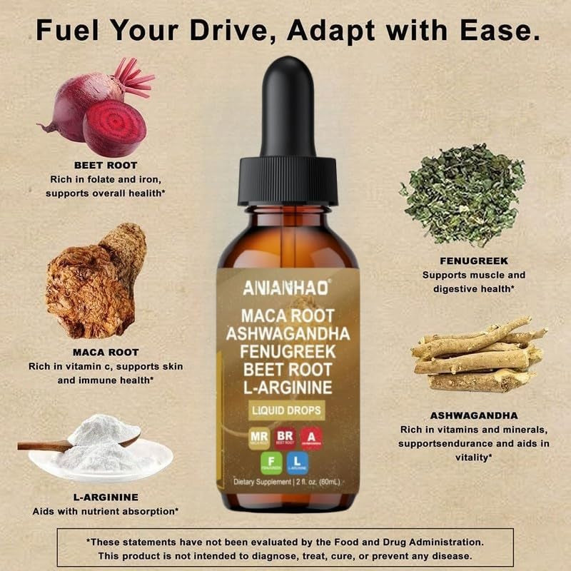Maca Root Liquid Drops with with Ashwagandha, Fenugreek, Beet Root and L-Arginine - High Strength 60Ml Vegan for Energy Support for Women & Men - Support Mood, Energy & Fitness