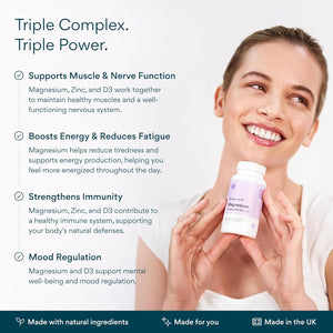 Bettervits Magnesium Glycinate Complex with Citrate, Malate, Zinc & Vitamin D3 | Magnesium Supplements for Muscle Recovery, Heart Health & Sleep Support - High Absorption | 60 Capsules