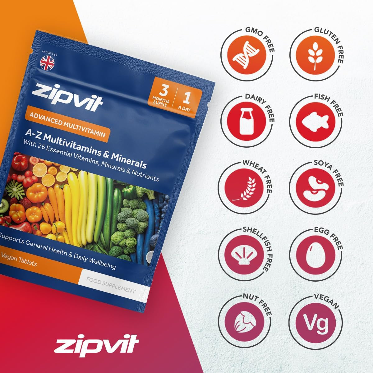 Zipvit A-Z Multivitamin Tablets, Vegan Multivitamin & Minerals for Men and Women, 90 Tablets (3-Month Supply), 26 Essential Vitamins & Minerals for Immune Support, Bone Health, and Energy
