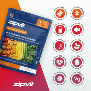 Zipvit A-Z Multivitamin Tablets, Vegan Multivitamin & Minerals for Men and Women, 90 Tablets (3-Month Supply), 26 Essential Vitamins & Minerals for Immune Support, Bone Health, and Energy