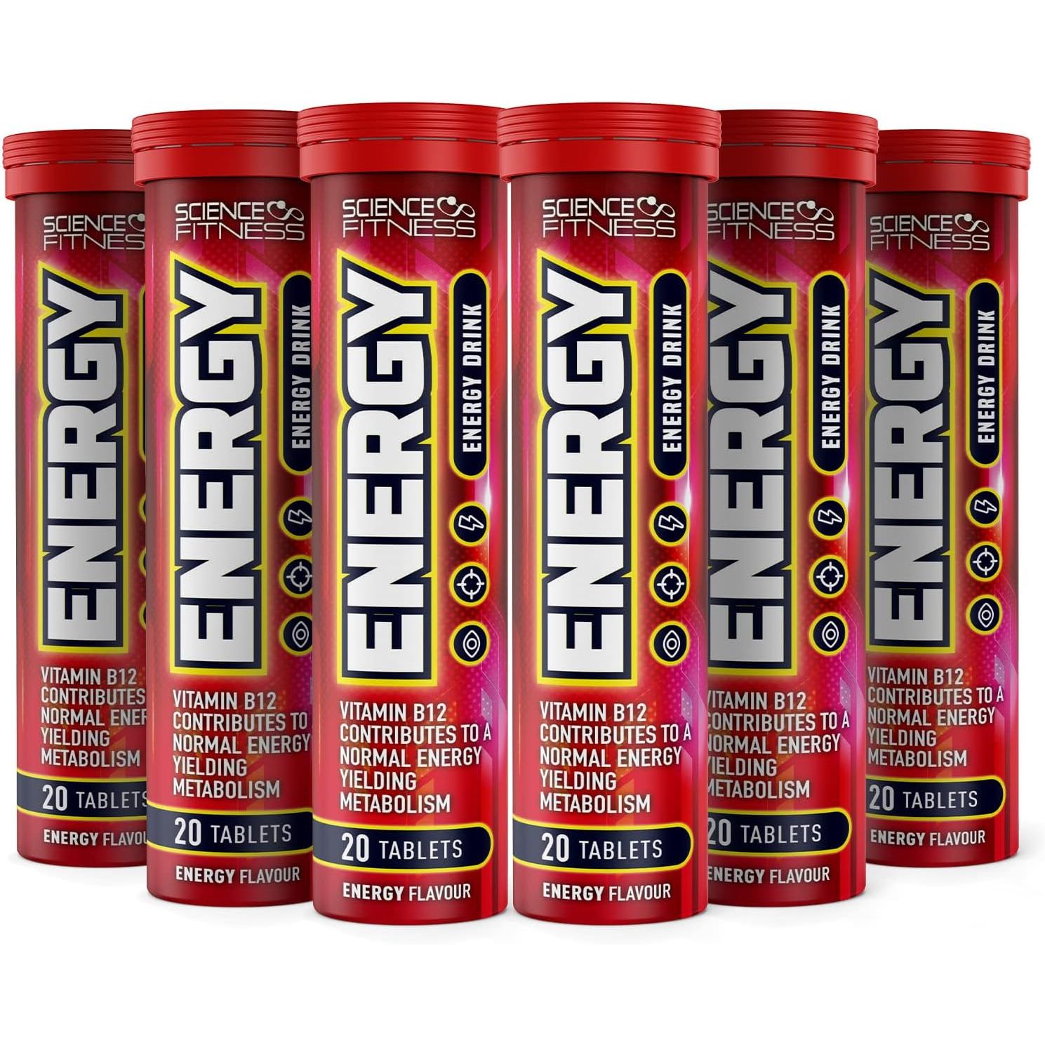 Energy Effervescent Tablets with Caffeine & Taurine by Science Fitness - for Improved Energy, Vision & Concentration - Contains Niacin, Pantothenic Acid, Vitamin B6 & B2-20 Tablets (6 Tubes)